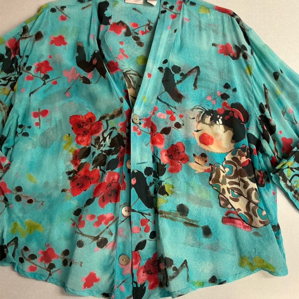 Chico's Turquoise Floral Button-Front Shirt